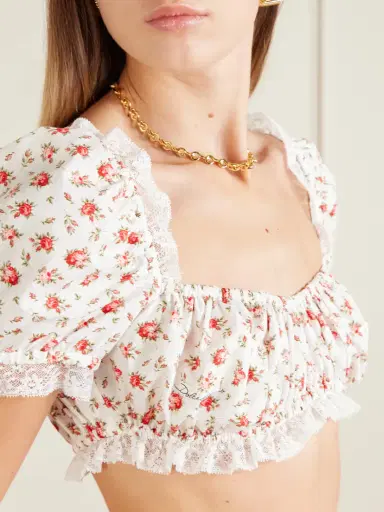 Dolce & Gabbana Cropped Printed Lace-trimmed Cotton-blend Poplin Top | Thumbnail 5