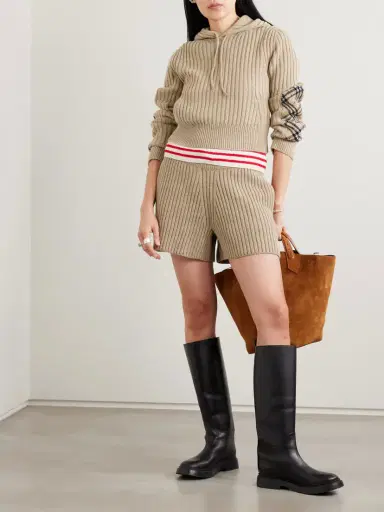 Burberry Checked Bouclé-trimmed Ribbed Wool And Cashmere-blend Hoodie | Thumbnail 2 Burberry Checked Bouclé-trimmed Ribbed Wool And Cashmere-blend Hoodie | Thumbnail 2