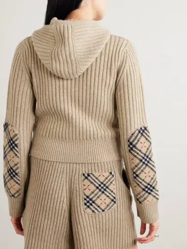 Burberry Checked Bouclé-trimmed Ribbed Wool And Cashmere-blend Hoodie | Thumbnail 3 Burberry Checked Bouclé-trimmed Ribbed Wool And Cashmere-blend Hoodie | Thumbnail 3