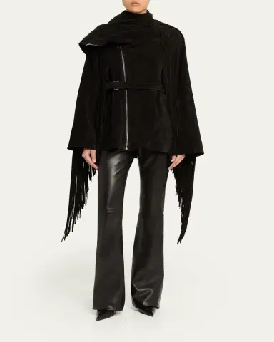 Rick Owens Scarf-Neck Fringe Suede Moto Jaket | Thumbnail 2