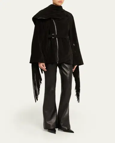 Rick Owens Scarf-Neck Fringe Suede Moto Jaket | Thumbnail 4