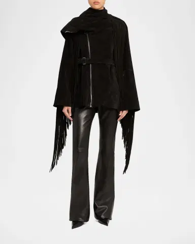 Rick Owens Scarf-Neck Fringe Suede Moto Jaket | Thumbnail 6