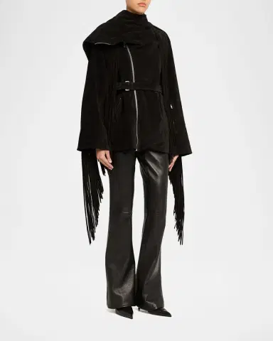 Rick Owens Scarf-Neck Fringe Suede Moto Jaket | Thumbnail 8