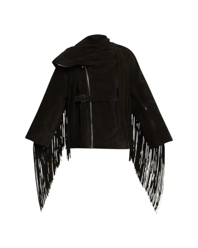 Scarf-Neck Fringe Suede Moto Jaket