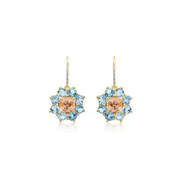 Jennifer Meyer Petite Statement Aquamarine Flower Drop Earrings with Morganite Center
