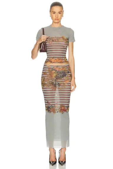 Jean Paul Gaultier Mesh Printed Marinière Grape Long Skirt | Thumbnail 5