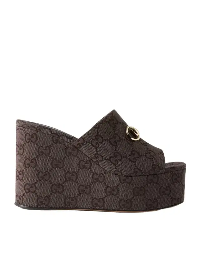 Horsebit-embellished Canvas-jacquard Platform Mules