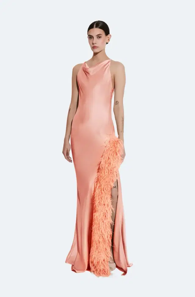 Satin Halter Gown With Feathers