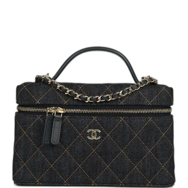 Chanel Top Handle Long Vanity Case with Chain Dark Blue Denim Light Gold Hardware