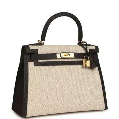 HERMÈS Hermes Kelly Sellier 28 Bai Brun Swift and Ecru-Beige Toile H Canvas Gold Hardware | Thumbnail 2