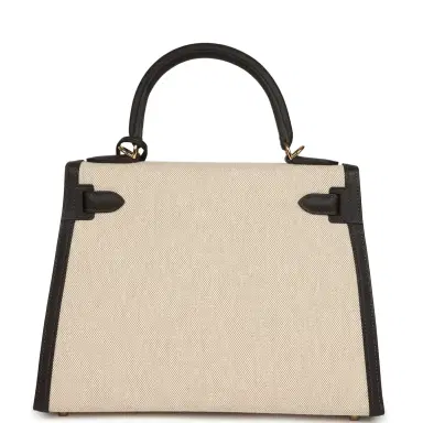 HERMÈS Hermes Kelly Sellier 28 Bai Brun Swift and Ecru-Beige Toile H Canvas Gold Hardware | Thumbnail 4