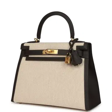 HERMÈS Hermes Kelly Sellier 28 Bai Brun Swift and Ecru-Beige Toile H Canvas Gold Hardware | Thumbnail 5