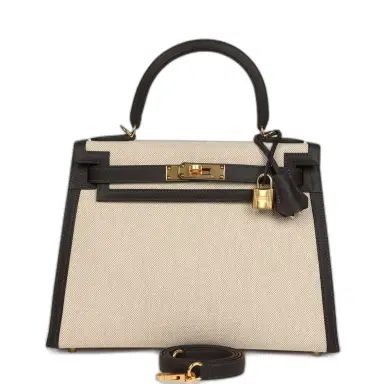 HERMÈS Hermes Kelly Sellier 28 Bai Brun Swift and Ecru-Beige Toile H Canvas Gold Hardware | Thumbnail 1