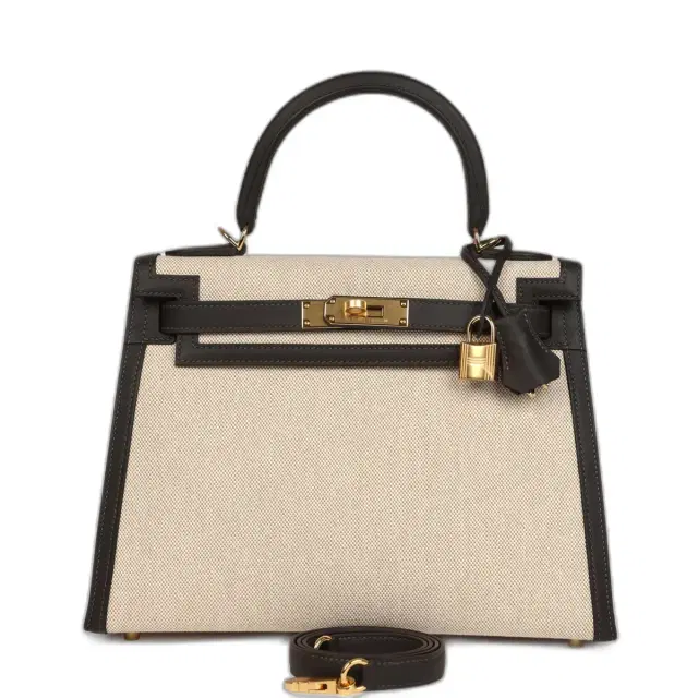hermes Hermes Kelly Sellier 28 Bai Brun Swift and Ecru-Beige Toile H Canvas Gold Hardware