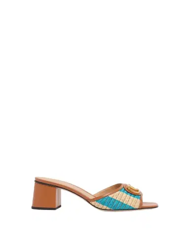 Valentino Garavani 60mm VLogo Signature Striped Raffia and Leather Mule Sandals | Thumbnail 1 Valentino Garavani 60mm VLogo Signature Striped Raffia and Leather Mule Sandals | Thumbnail 1