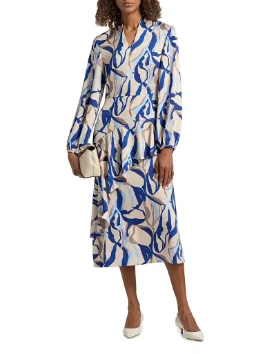 Misook Women's Patterned Crepe De Chine Midi-Dress - Biscotti Blue White Black - Size XXL | Thumbnail 2 Misook Women's Patterned Crepe De Chine Midi-Dress - Biscotti Blue White Black - Size XXL | Thumbnail 2