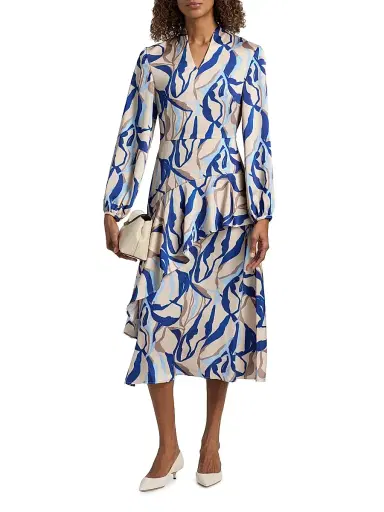 Misook Women's Patterned Crepe De Chine Midi-Dress - Biscotti Blue White Black - Size XXL | Thumbnail 3 Misook Women's Patterned Crepe De Chine Midi-Dress - Biscotti Blue White Black - Size XXL | Thumbnail 3