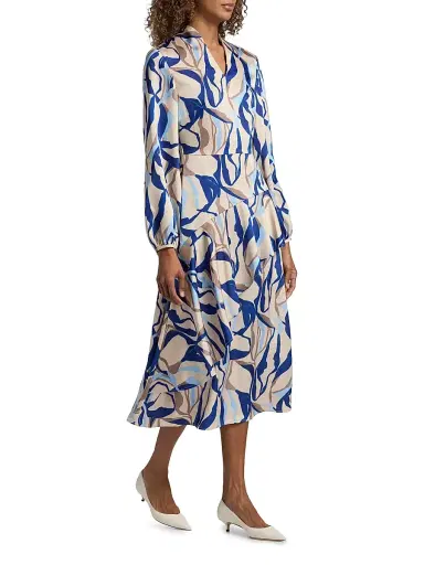 Misook Women's Patterned Crepe De Chine Midi-Dress - Biscotti Blue White Black - Size XXL | Thumbnail 4 Misook Women's Patterned Crepe De Chine Midi-Dress - Biscotti Blue White Black - Size XXL | Thumbnail 4