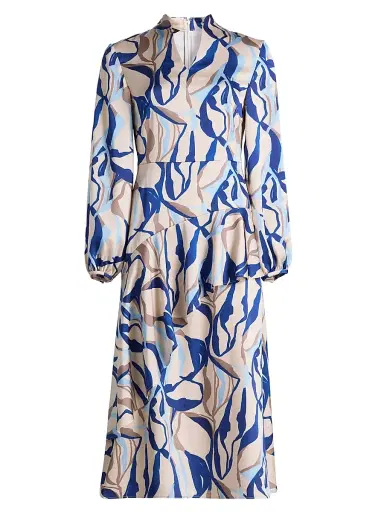 Misook Women's Patterned Crepe De Chine Midi-Dress - Biscotti Blue White Black - Size XXL | Thumbnail 1 Misook Women's Patterned Crepe De Chine Midi-Dress - Biscotti Blue White Black - Size XXL | Thumbnail 1