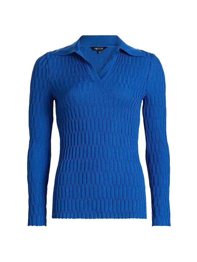 Misook Women's Geometric Knit Polo Shirt - Aegean Blue