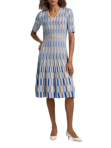 Misook Women's Geometric Knit A-Line Midi-Dress - Biscotti Blue White Black - Size XXL | Thumbnail 2 Misook Women's Geometric Knit A-Line Midi-Dress - Biscotti Blue White Black - Size XXL | Thumbnail 2