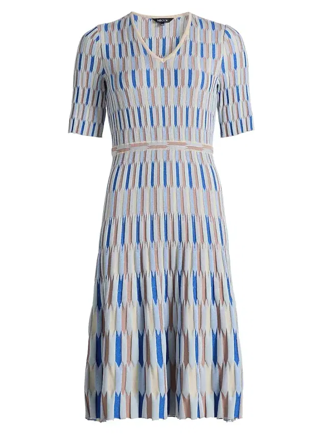 Misook Women's Geometric Knit A-Line Midi-Dress - Biscotti Blue White Black