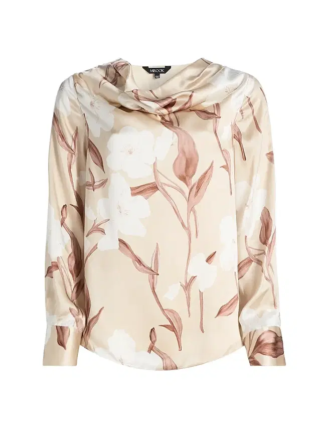 Misook Women's Floral Silk Draped Blouse - Biscotti Charmeuse White