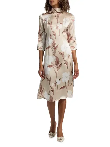 Misook Women's Floral Silk Midi-Dress - Biscotti Charmeuse White - Size XXL | Thumbnail 3 Misook Women's Floral Silk Midi-Dress - Biscotti Charmeuse White - Size XXL | Thumbnail 3