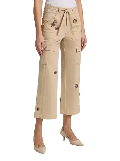 Cinq à Sept Women's Retro Love Michelle Crystal-Embellished Cotton Pants - Khaki Multi - Size 16 | Thumbnail 4 Cinq à Sept Women's Retro Love Michelle Crystal-Embellished Cotton Pants - Khaki Multi - Size 16 | Thumbnail 4