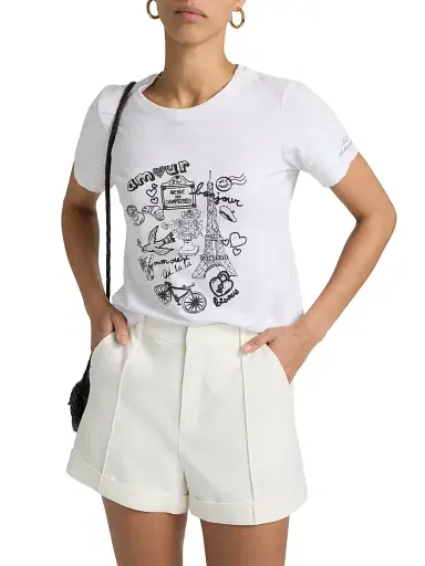 Cinq à Sept Women's Paris Doodle Rhinestone-Embellished Cotton T-Shirt | Thumbnail 3