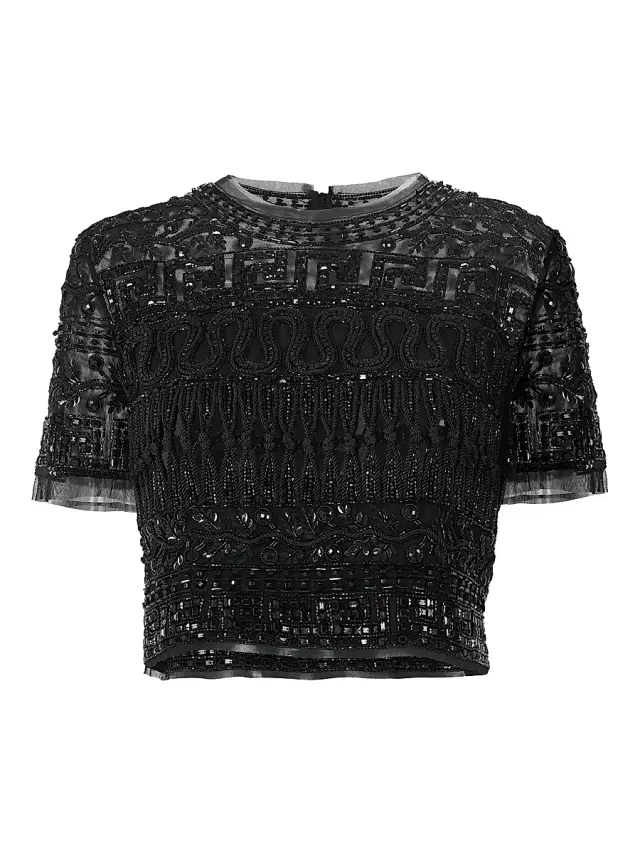 Women's Bead & Sequin-Embellished Short-Sleeve Top - Black