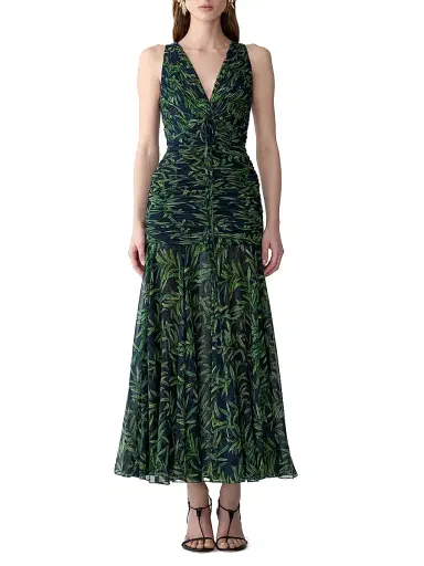 Carolina Herrera Women's Gathered V-Neck Midi-Dress - Midnight Multi - Size 8 | Thumbnail 2 Carolina Herrera Women's Gathered V-Neck Midi-Dress - Midnight Multi - Size 8 | Thumbnail 2