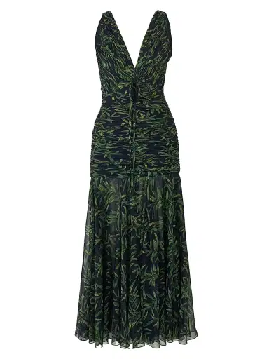 Carolina Herrera Women's Gathered V-Neck Midi-Dress - Midnight Multi - Size 8 | Thumbnail 1 Carolina Herrera Women's Gathered V-Neck Midi-Dress - Midnight Multi - Size 8 | Thumbnail 1