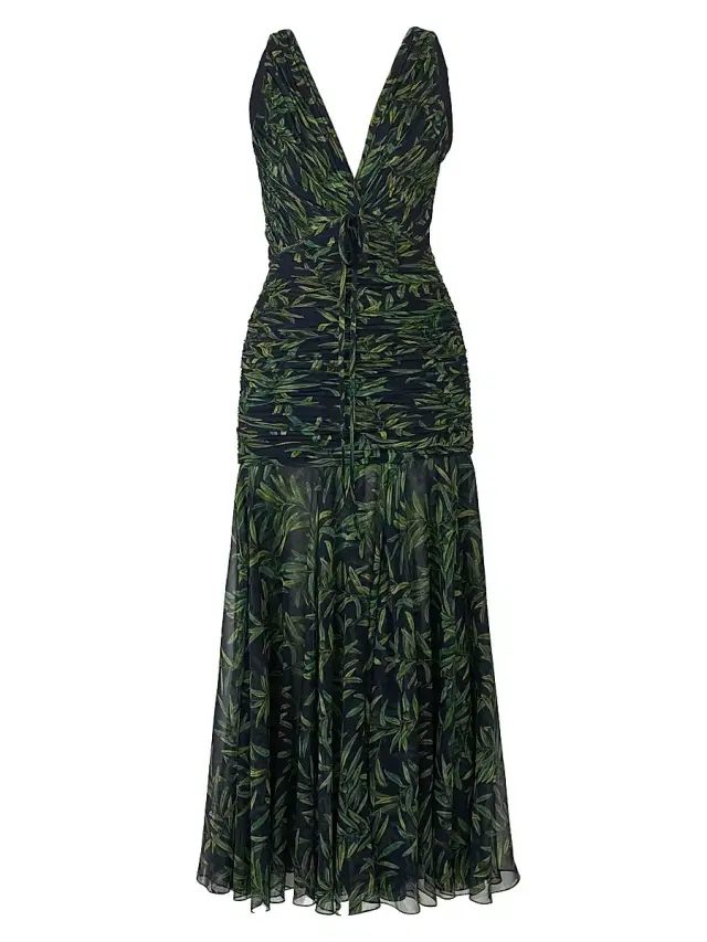 Carolina Herrera Women's Gathered V-Neck Midi-Dress - Midnight Multi
