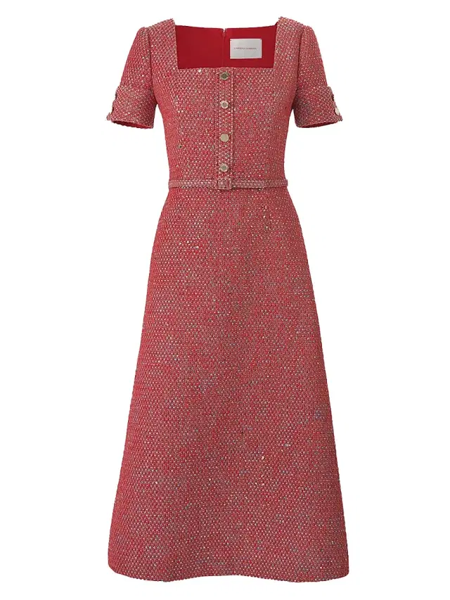 Women's Square Neck Belted A-Line Midi-Dress - Herrera Red Multi