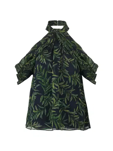 Carolina Herrera Women's Leaf-Print Draped Halterneck Off-The-Shoulder Blouse | Thumbnail 1 Carolina Herrera Women's Leaf-Print Draped Halterneck Off-The-Shoulder Blouse | Thumbnail 1