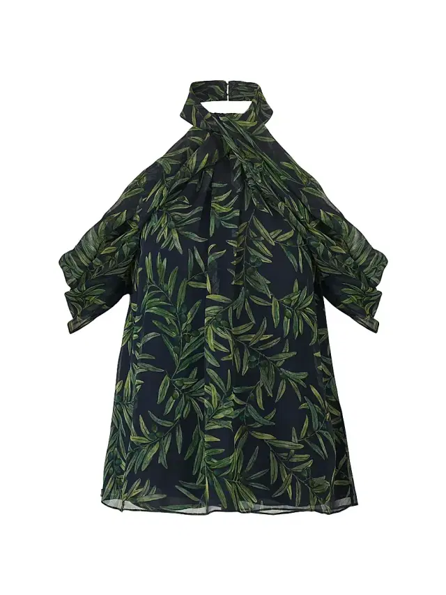Carolina Herrera Women's Leaf-Print Draped Halterneck Off-The-Shoulder Blouse - Midnight Multi