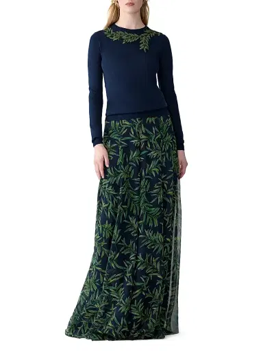 Carolina Herrera Women's Leaf Embroidered Silk-Cotton Sweater - Midnight Multi - Size Large | Thumbnail 2