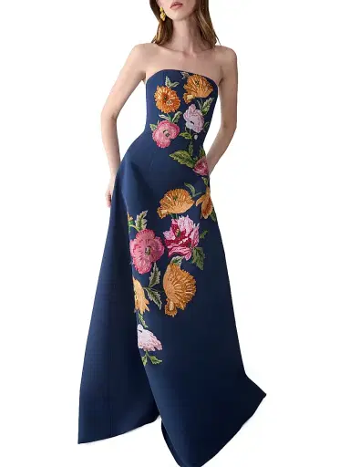 Carolina Herrera Women's Floral-Embroidered Silk Strapless Gown - Midnight Multi - Size 2 | Thumbnail 4 Carolina Herrera Women's Floral-Embroidered Silk Strapless Gown - Midnight Multi - Size 2 | Thumbnail 4