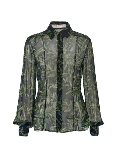 Carolina Herrera Women's Leaf-Print Silk Sheer Shirt - Midnight Multi - Size 12 | Thumbnail 1