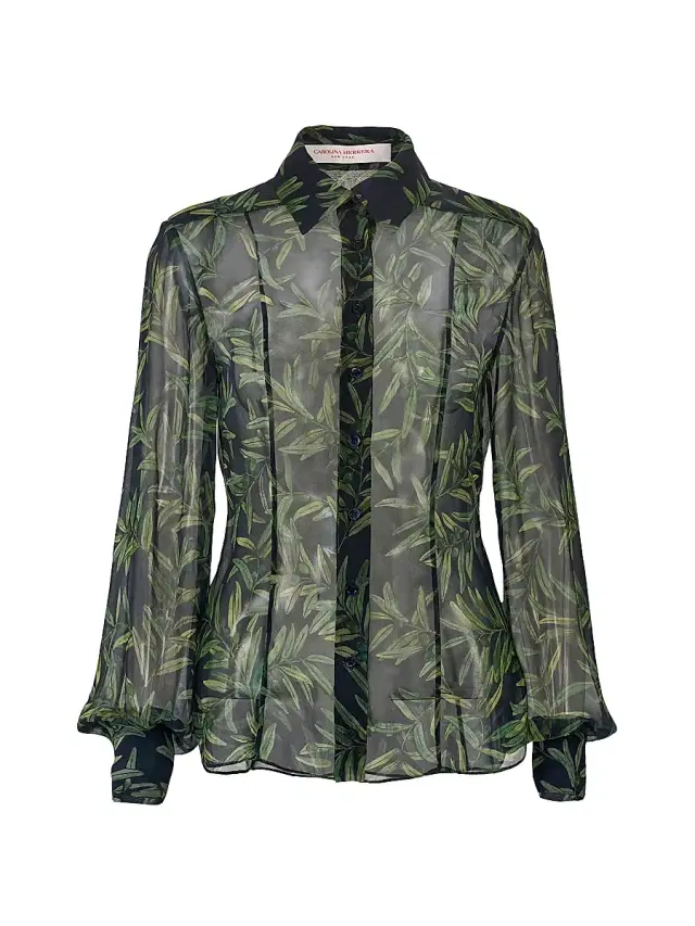 Carolina Herrera Women's Leaf-Print Silk Sheer Shirt - Midnight Multi
