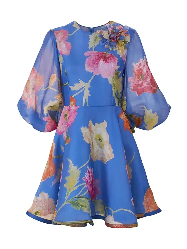 Carolina Herrera Women's Floral Silk Puff-Sleeve Minidress - Bluebell Multi