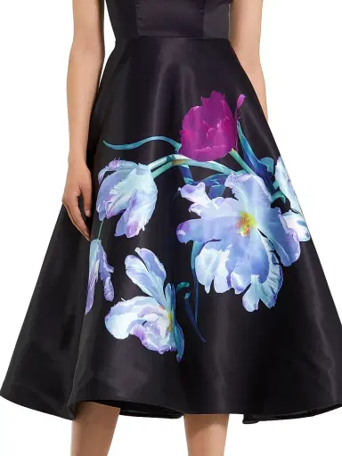Mac Duggal Women's Petite Floral Satin Fit & Flare Midi-Dress - Black Multi - Size Petite 16 | Thumbnail 3
