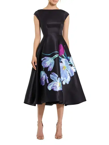 Mac Duggal Women's Petite Floral Satin Fit & Flare Midi-Dress - Black Multi - Size Petite 16 | Thumbnail 1