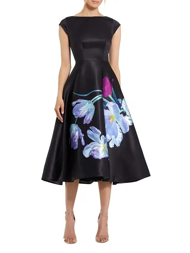 Mac Duggal Women's Petite Floral Satin Fit & Flare Midi-Dress - Black Multi Petite 16