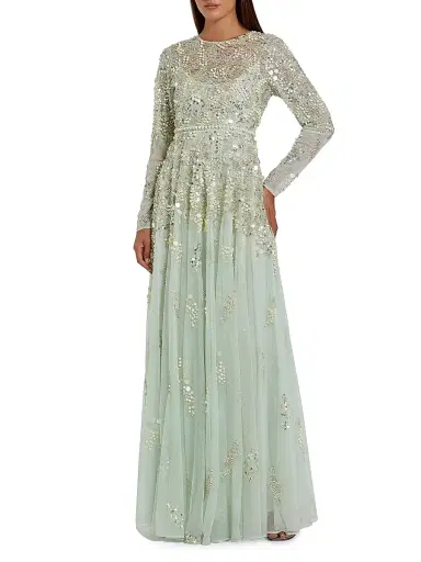 Mac Duggal Women's Pearl-Embellished Mesh A-Line Gown - Sage - Size 20 | Thumbnail 1 Mac Duggal Women's Pearl-Embellished Mesh A-Line Gown - Sage - Size 20 | Thumbnail 1