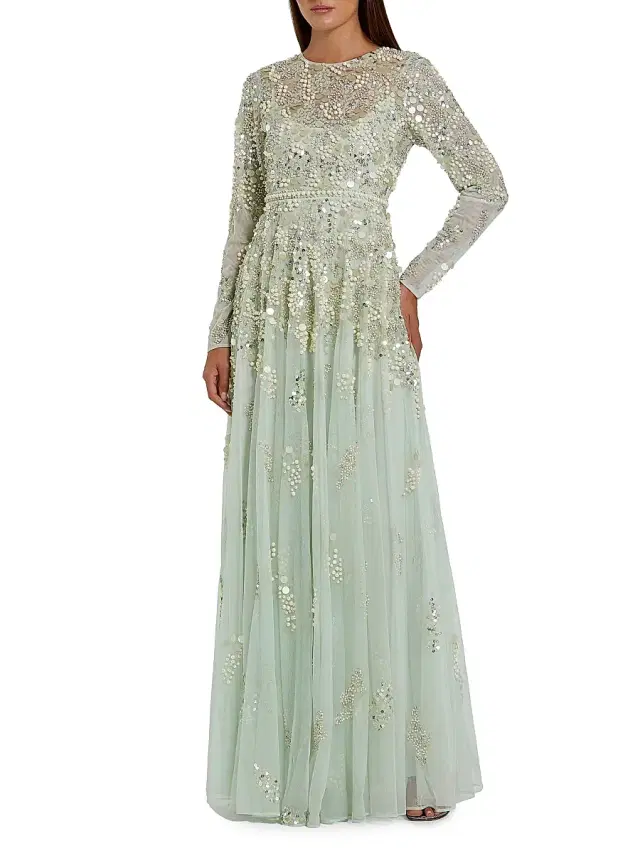 Mac Duggal Women's Pearl-Embellished Mesh A-Line Gown - Sage
