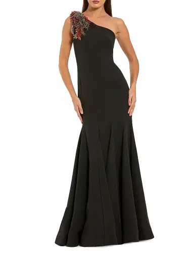 Mac Duggal Women's One-Shoulder Beaded Crepe Mermaid Gown - Black Multi - Size 16 | Thumbnail 1