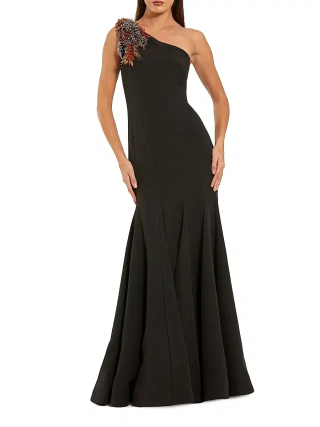 Women's One-Shoulder Beaded Crepe Mermaid Gown - Black Multi