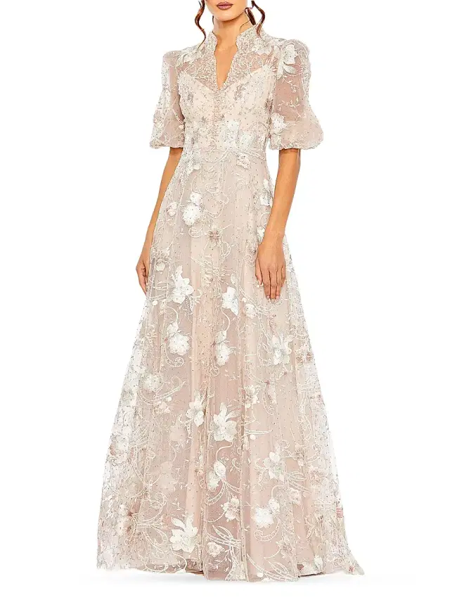 Mac Duggal Women's Petite Floral Embroidered A-Line V-Neck Gown - Blush Petite 14